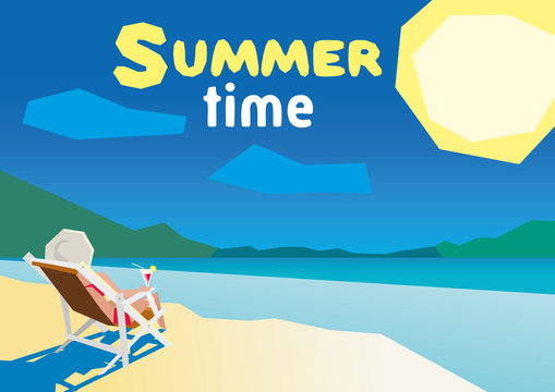 Woman resting on the beach on a deck chair. flat design summer beach and sea cartoon. low poly