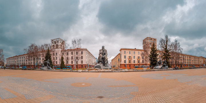 Monument to folk poet and founder of the classic Belarusian literature Yakub Kolas and figures from his poems at Yakub Kolas Square In Minsk, Belarus