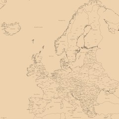 Old vector map of Europe | Contour detailed Europe political map with cities