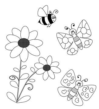  flowers and flying butterlies and bee - coloring book for children