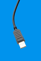 Black USB cable on light blue background