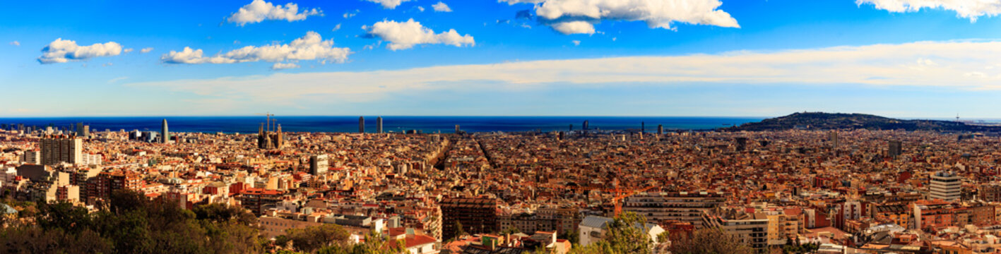 Panorama view of Barcelona from Park Guell in sunny day in winter. High resolution image. Spain