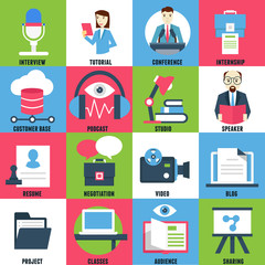 Set flat icons of business learning