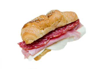 Cornetto savory filling with salami on white background