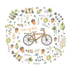 Cute hand drawn doodle postcard, card, cover with bike. 