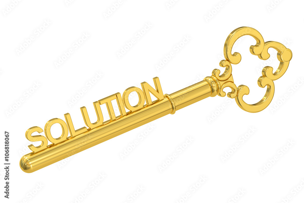 Poster solution concept with golden key, 3d rendering