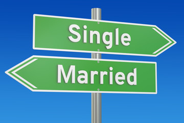 single or married concept on the signpost, 3D rendering