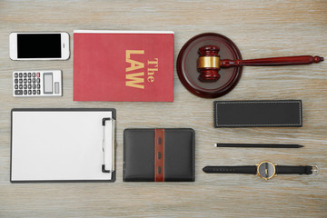 Law accessories, top view. Flat lay concept