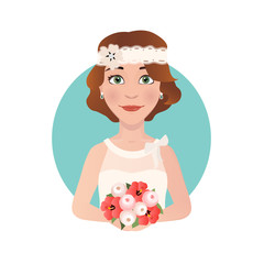 Vintage bride with bridal bouquet. Hibiscus and roses.
