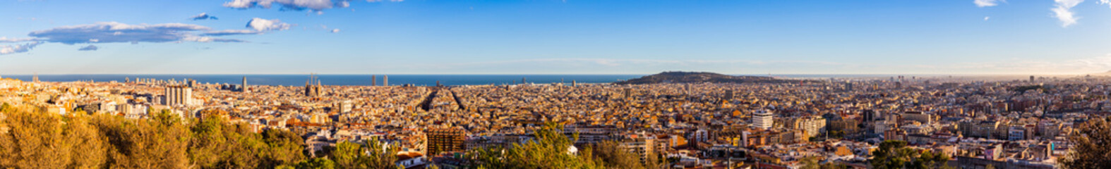 Panorama view of Barcelona from Park Guell in sunny day in winter. High resolution image. Spain