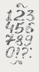 Ink digits and punctuation marks, freehand, stylish, in raster. Illustration made with dye, isolated on white, black, decorated. Vector illustration, perfect for presentations and education.