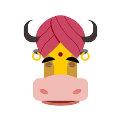 Indian sacred cow. Cow in turban. Head yellow cow.