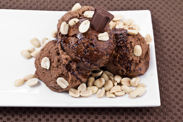 a plate with chocolate ice cream and nuts
