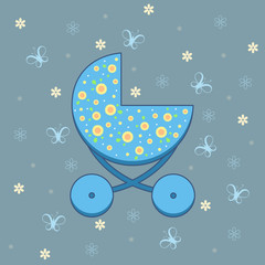 Vector illustration of blue pram on background with butterflies and flowers