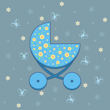 Vector illustration of blue pram on background with butterflies and flowers