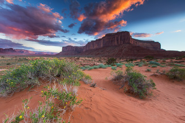 Monument Valley, Arizona, scenery, profiled on sunset sky