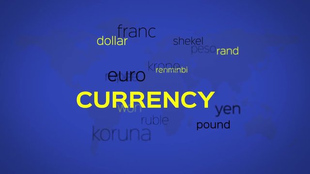 Floating array or word cloud of currency related terminology words and names on a blue world map background.
