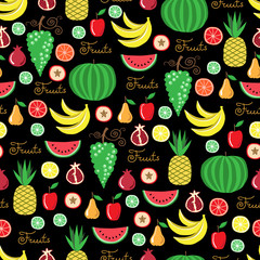 Vector seamless pattern with cartoon isolated fruits on black color