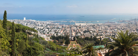 Stiched panorama of the beautiful Bahai gardens in Israel