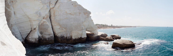 Stitched Panorama of Rocks and the sea