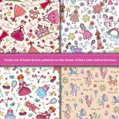 Vector set of hand drawn patterns on the theme of fairy tales and princesses
