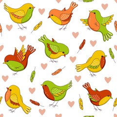 Vector seamless pattern with birds, hearts and feathers