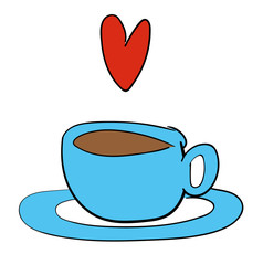 Vector illustration of a cup of tea or coffee in a blue cup and saucer with a red heart floating above it