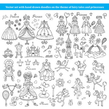 Vector set with hand drawn doodles on the theme of fairy tales