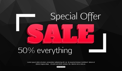 Modern Banner. Super Sale Special Offer banner on colorful background. 50% off. Sale banner. Sale Background with frame.  Vector illustration.