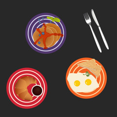 Tasty breakfast with eggs, pancakes and croissant, vector illust - 106825431