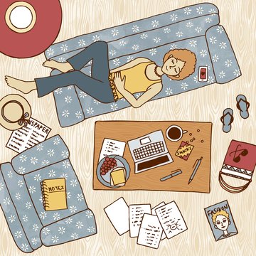 Top view illustration of a girl taking a nap on the couch, with laptop and notes next to her on the coffee table