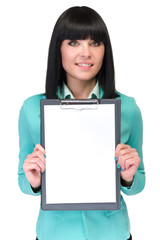 Happy smiling young business woman showing blank signboard