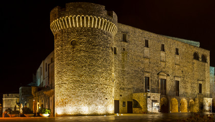 Overview Night of Conversano Square and the Norman castle tower. Puglia - Italy