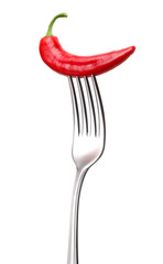 Fototapeta na wymiar red hot chilli pepper on fork on white background