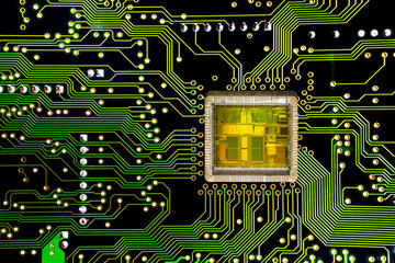 Close-up on a CPU microchip on a scheme