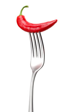 red hot chilli pepper on fork on white background © Alexstar