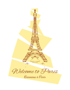 fashion cool card vector Eiffel tower drawing with signature welcome to Paris on English and french