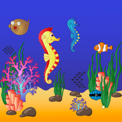 Underwater world with corals and floating fishes