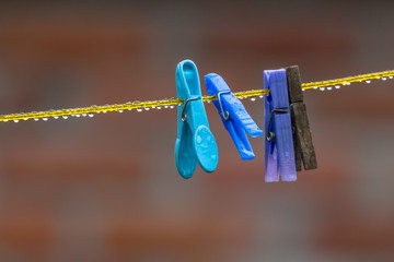 Wet laundry clips on a clothes line