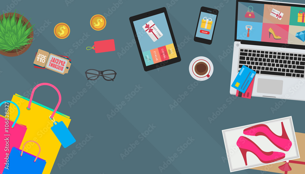 Poster banner in flat style with set of icons. top view on desktop