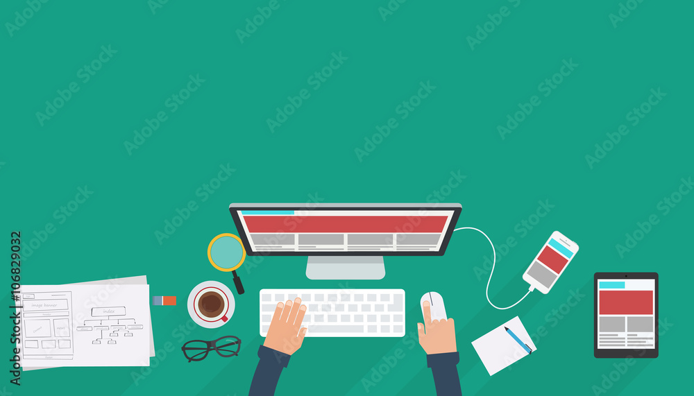 Poster banner in flat style with set of icons. top view on desktop