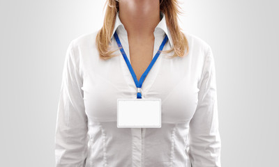 Woman wear blank white horizontal badge mockup, stand isolated. Name tag on neck and chest. Person...