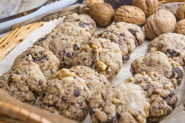 homemade chocolate walnut cookies with ingredients and kitchen u