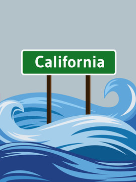 California road sign sinking in water flood