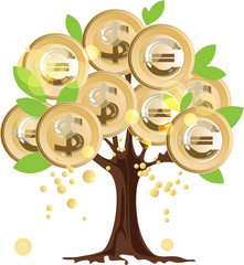 Money tree, dollar and euro coins on the tree
