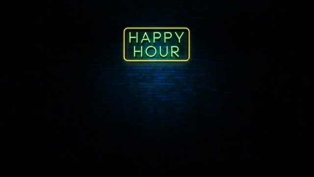 Animation of neon sign with happy hour message flickering at urban wall in the night