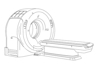 CT scanner (computerized tomography scanner), MRI (magnetic resonance imaging) machine, medical equipment, line drawing illustration