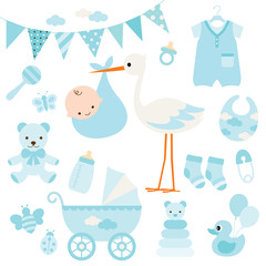 Vector illustration for baby boy shower and baby items. - obrazy, fototapety, plakaty