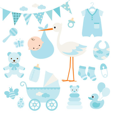 Vector illustration for baby boy shower and baby items.
