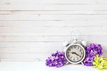 Background with white alarm clock and hydrangea flowers on white